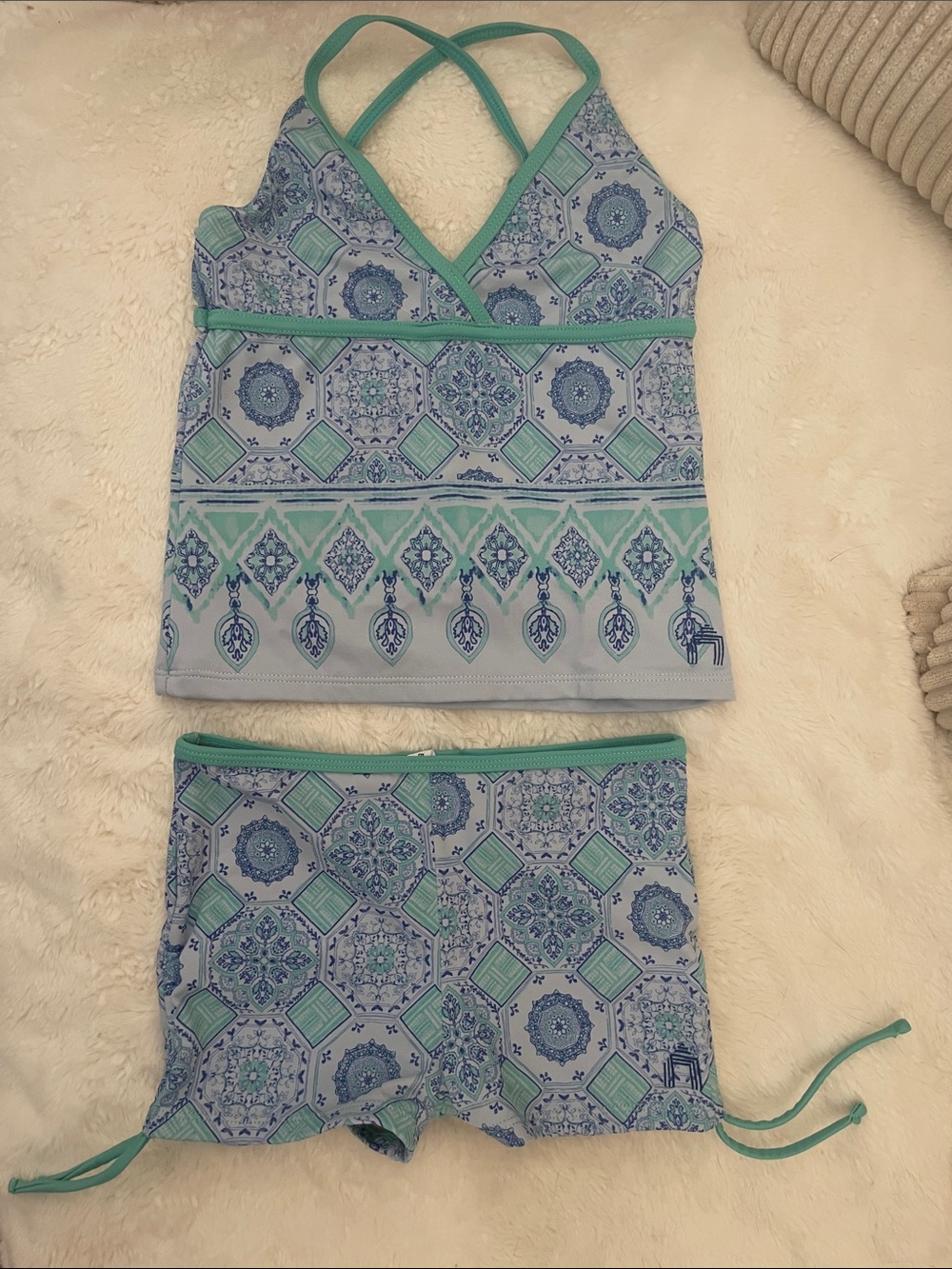 Cabana Life Girls Blue & Mint Patterned Tankini Set